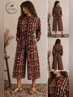 Kara Chic Red & Yellow Graphic Crop Wide Leg Jumpsuit Waist Boho Statement M